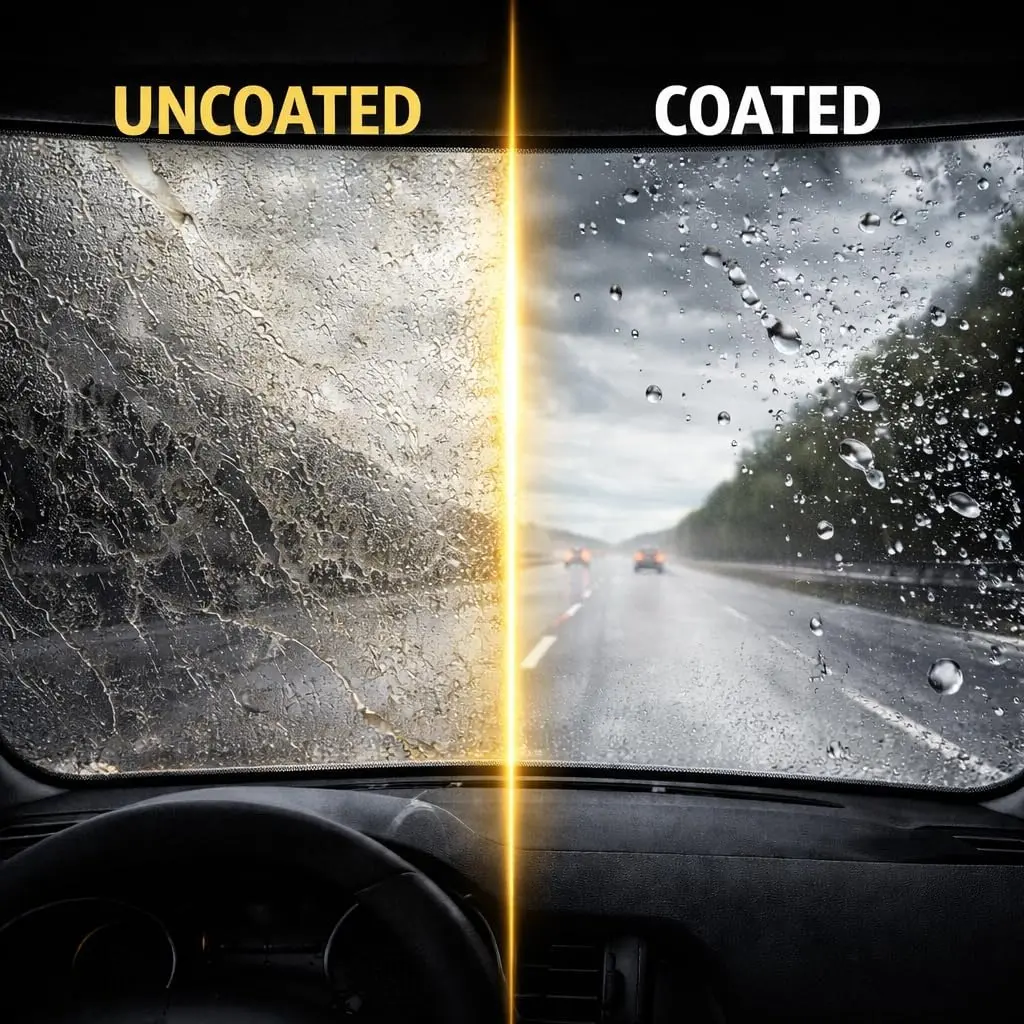 Windshield comparison: uncoated glass with smeared water film versus coated glass with beading rain and clear road view